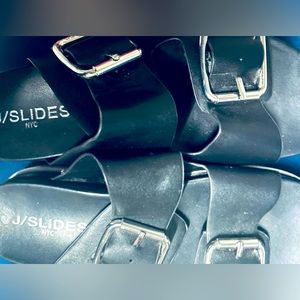 J/SLIDES Women’s platform sandals, black faux soft leather, size 7, worn once